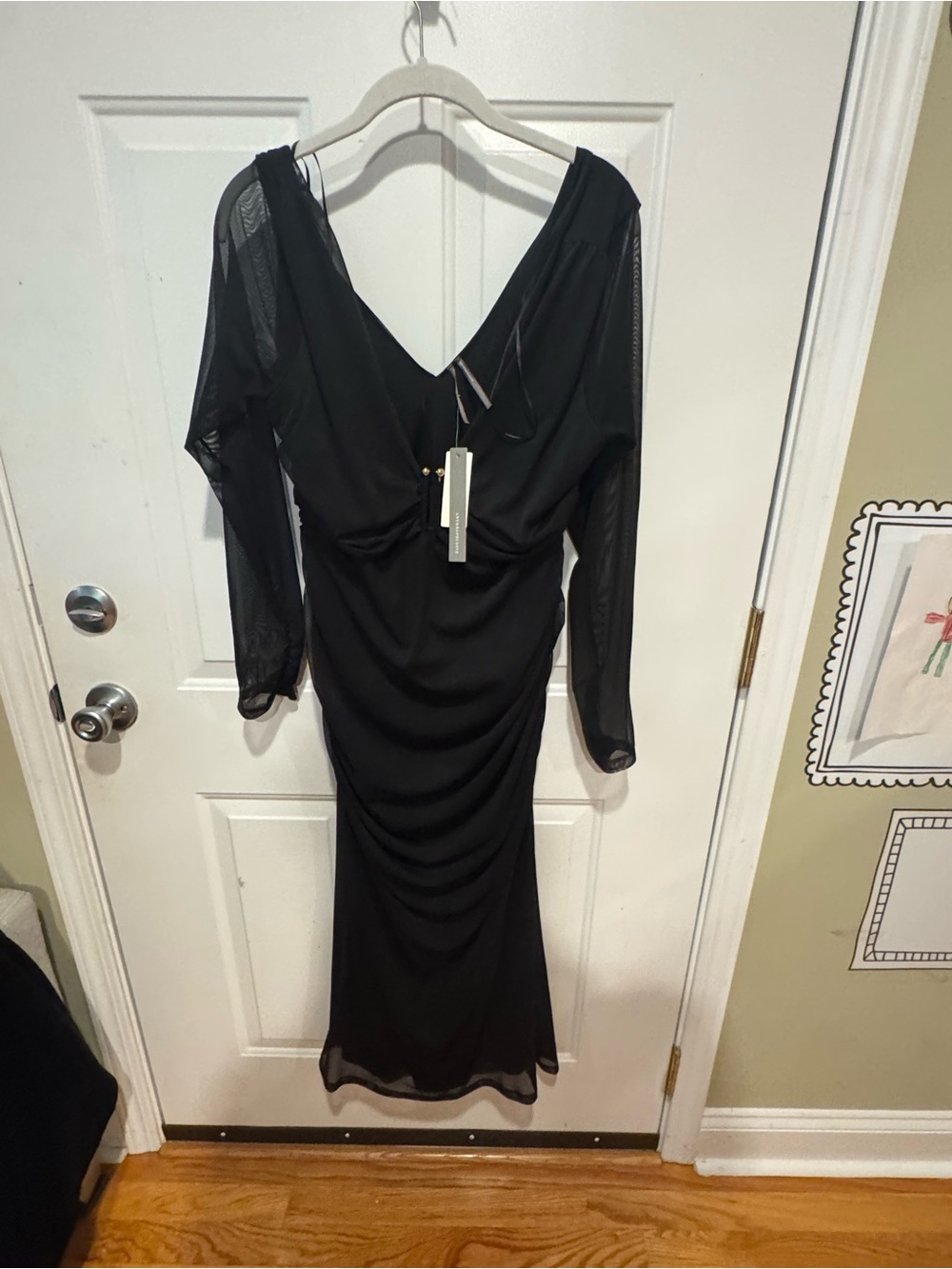 Anthropologie Black V-Neck Long Sleeve Ruched Maxi Dress